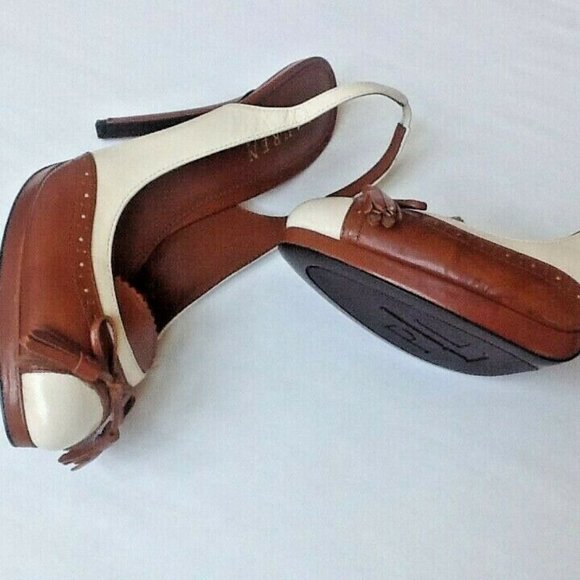 new Size 8.5 Narrow COGNAC & CREAM Ralph Lauren KALIDA Spectator Slingback Shoes - Picture 5 of 11
